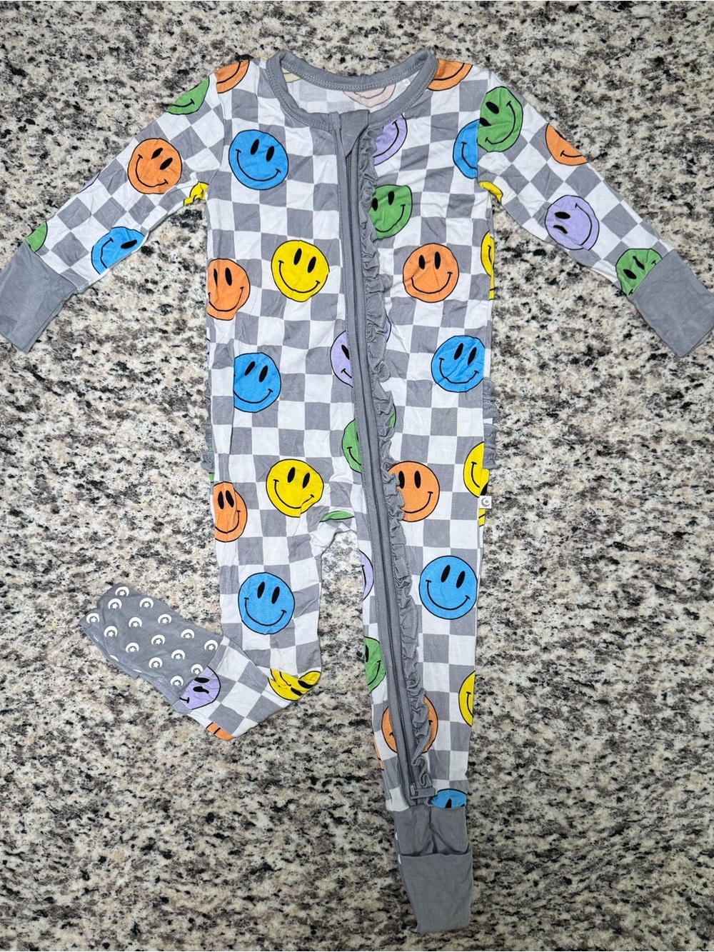 Snuggle Bums Bamboo Baby Girl’s Gray Check Smiley Face Footed One-Piece Pajamas